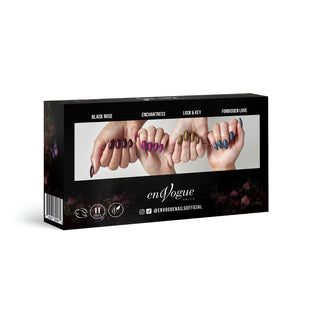en Vogue Lac it! midnight-garden UV/LED gel polish set for professional nails and extensions. Included shades: Forbidden Love grey-blue shimmer, antique gold, Lock & Key, Black Rose burgundy crème and Enchantress rich magenta pearl.