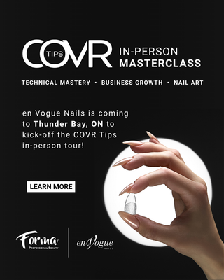 Advertisement for COVR Tips in-person masterclass in Thunder Bay, ON with a hand holding a soft gel tip.